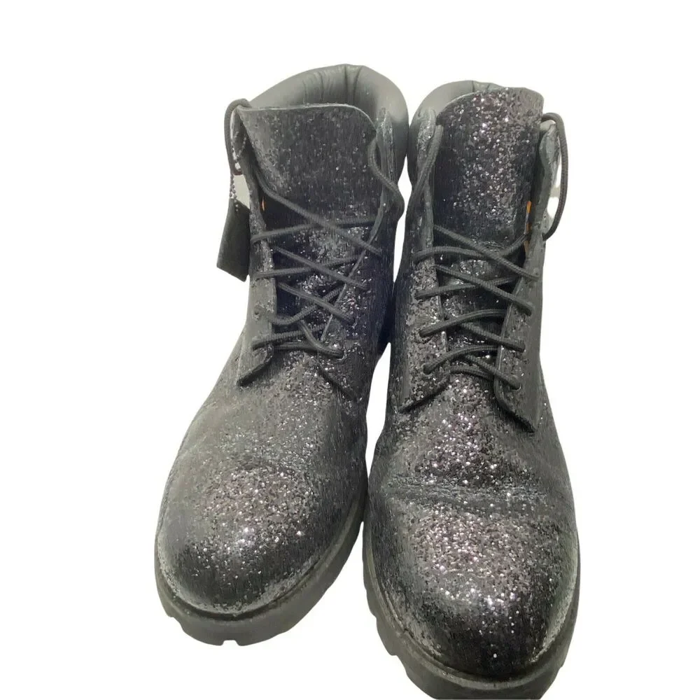 Timberland Men's Black Glitter Lace Up Ankle Block Heel Combat Boots size 15 W